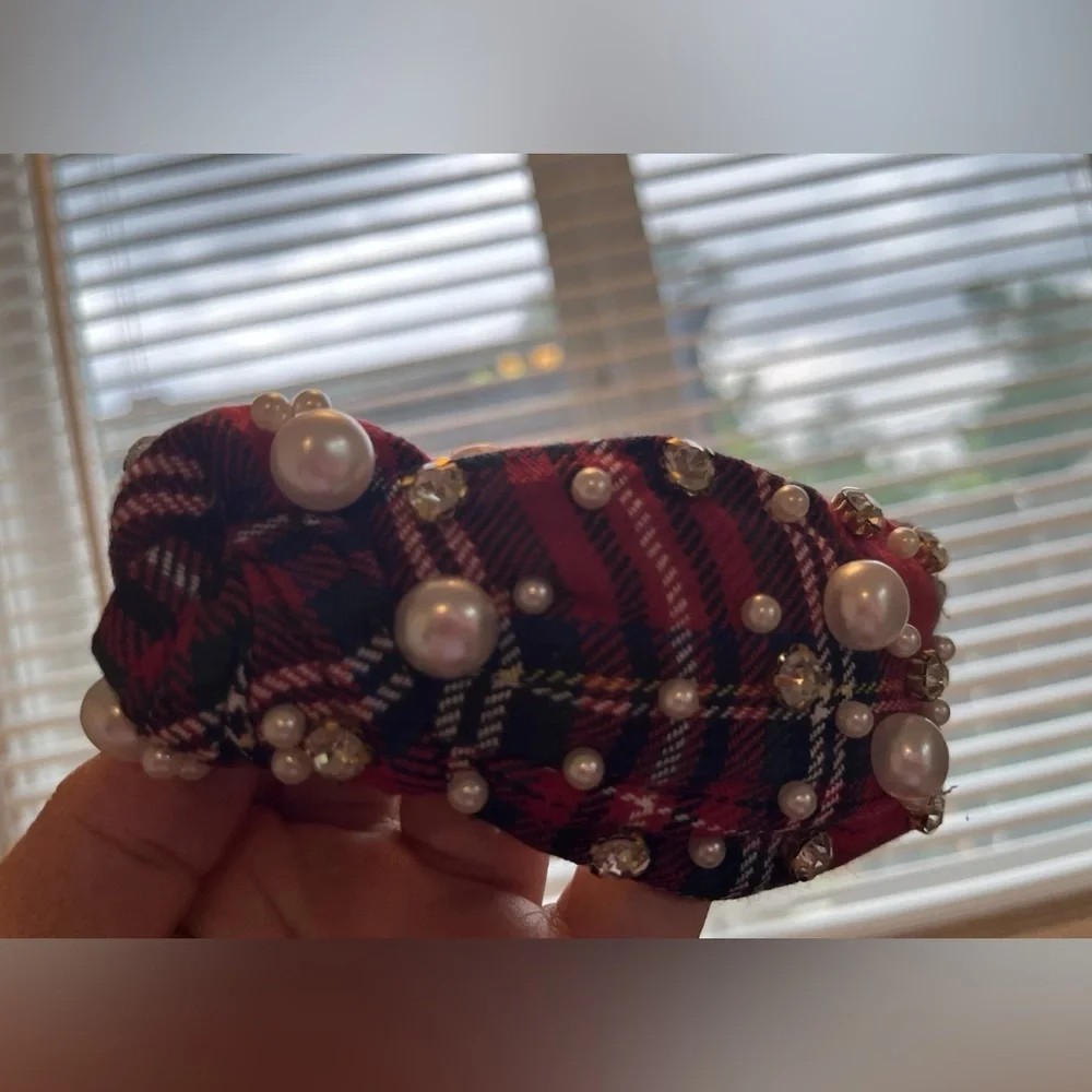 Plaid Red Headband with Faux Pearls & Rhinestones – Preppy & Chic